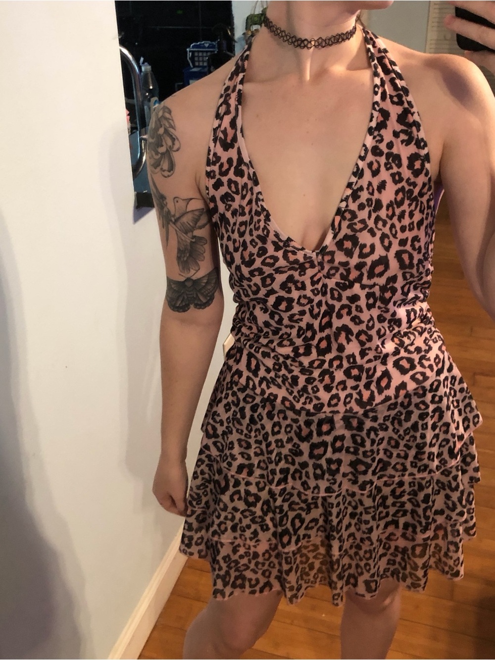 ROMWE Pink Leopard Halter Tiered Mini Dress